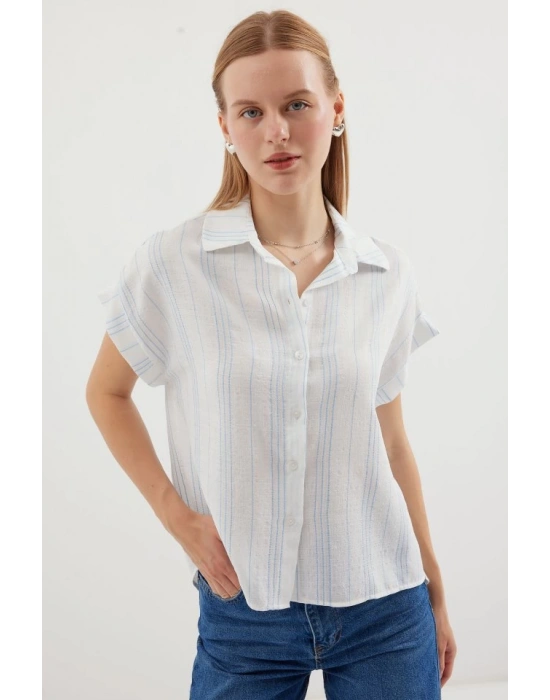 20261 Kısa Kol Oversize Keten Gömlek  Mavi