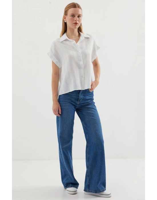 20261 Kısa Kol Oversize Keten Gömlek  Mavi