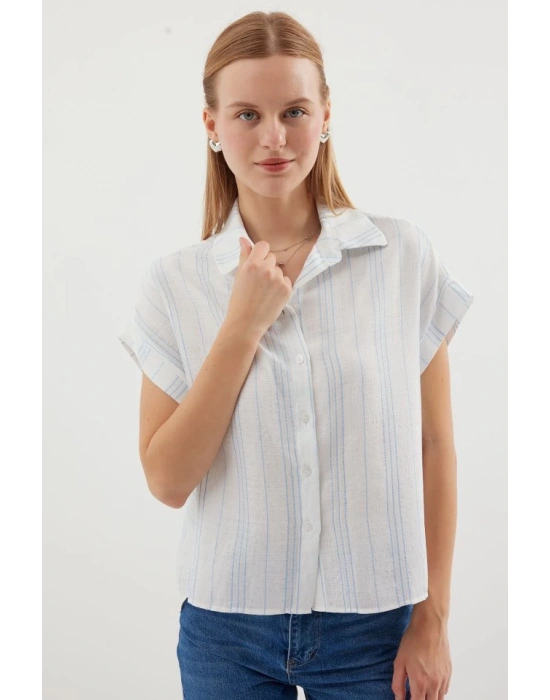 20261 Kısa Kol Oversize Keten Gömlek  Mavi