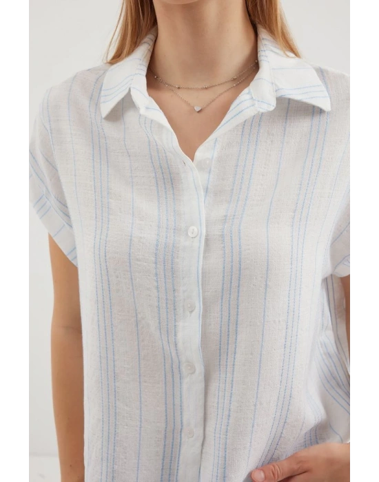 20261 Kısa Kol Oversize Keten Gömlek  Mavi