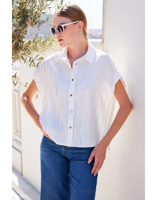 20262 Kısa Kol Çizgili Gömlek  Beyaz