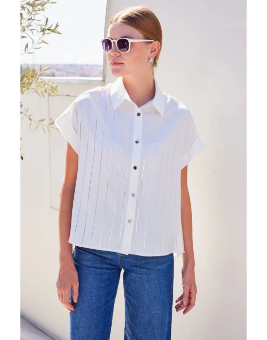 20262 Kısa Kol Çizgili Gömlek  Beyaz