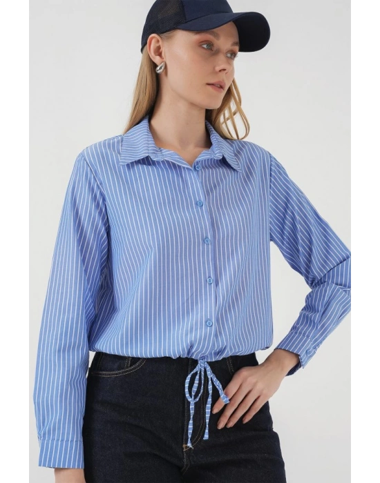 20276 Uzun Kol Çizgili Gömlek  Mavi