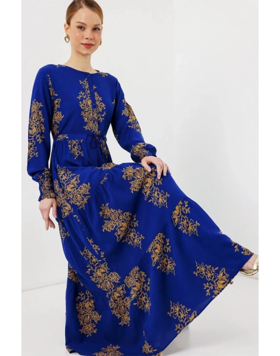 2145 Desenli Tesettür Elbise  Saks