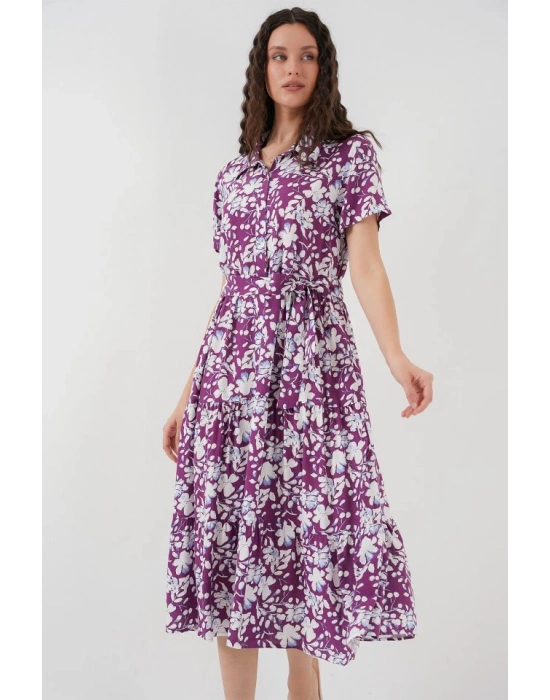 2191 Kısa Kol Desenli Elbise  Mor