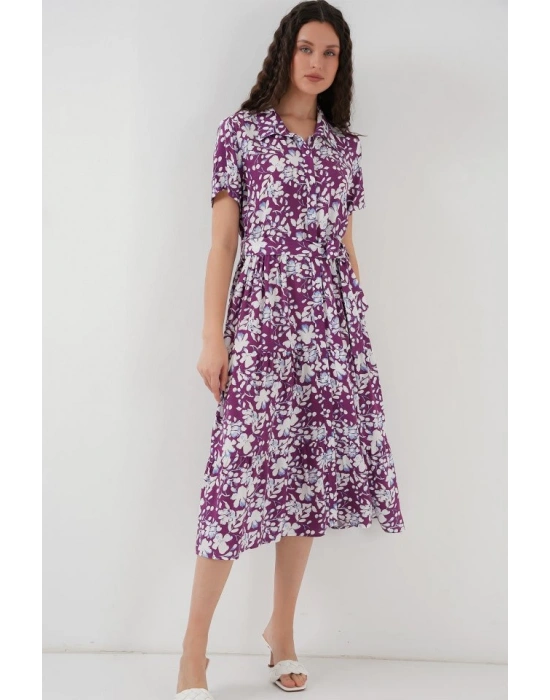 2191 Kısa Kol Desenli Elbise  Mor