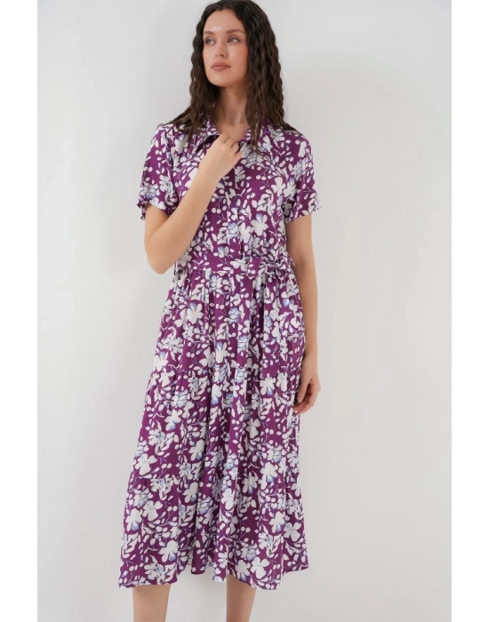 2191 Kısa Kol Desenli Elbise  Mor