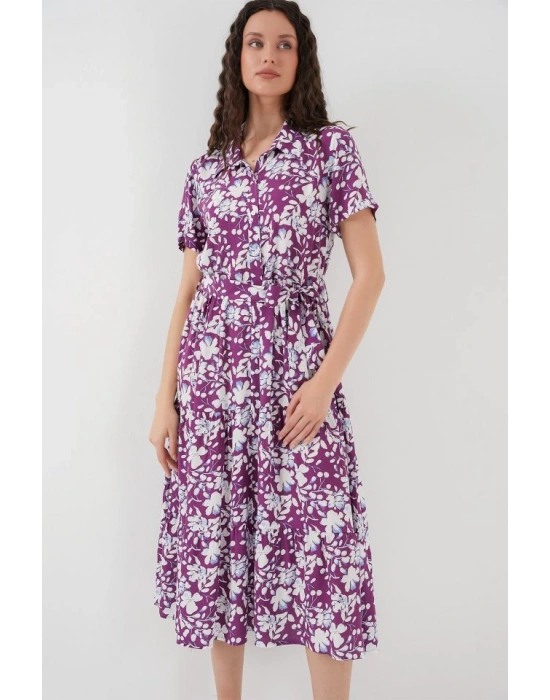 2191 Kısa Kol Desenli Elbise  Mor