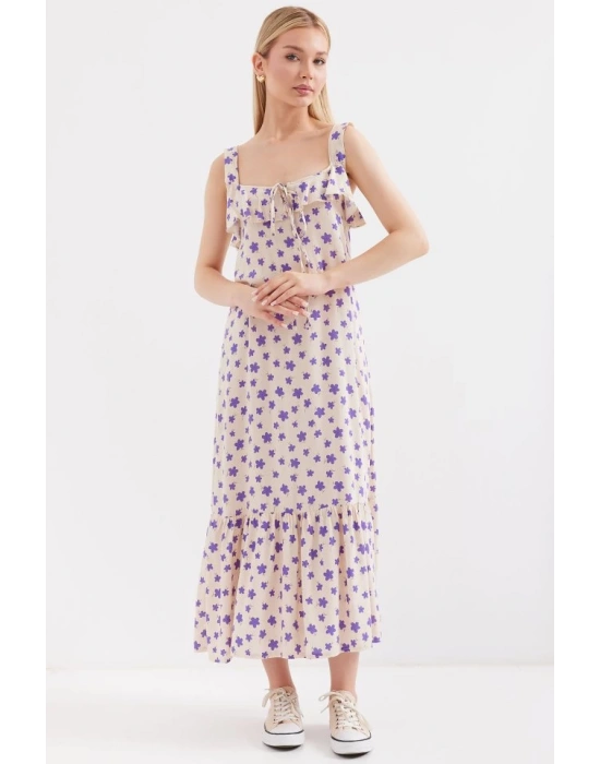 2237 Desenli Askılı Viskon Elbise  Lila