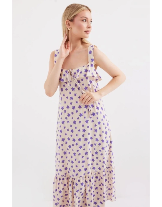 2237 Desenli Askılı Viskon Elbise  Lila