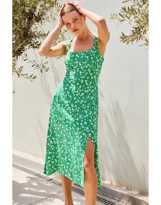 2282 Yırtmaçlı Askılı Viskon Elbise  Yeşil