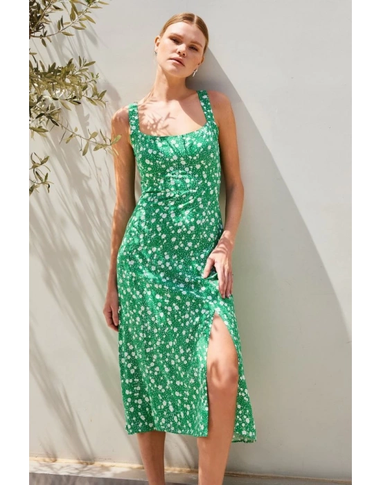 2282 Yırtmaçlı Askılı Viskon Elbise  Yeşil