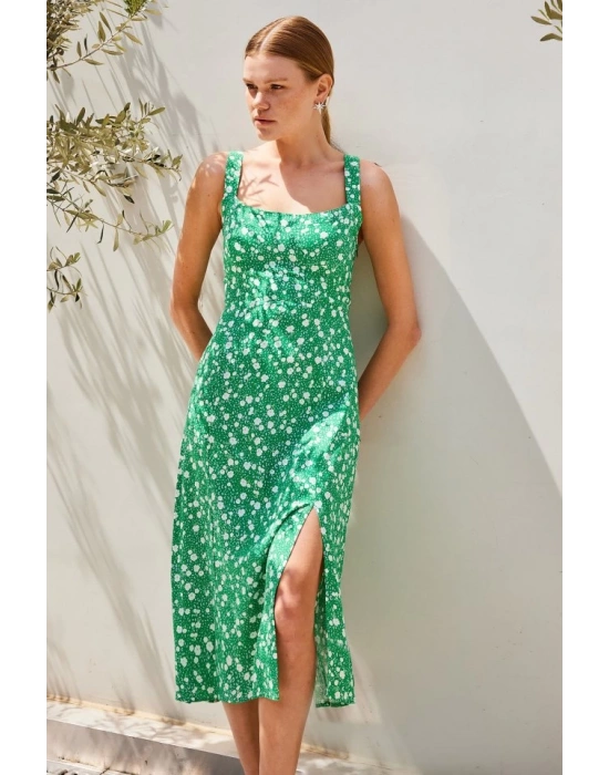 2282 Yırtmaçlı Askılı Viskon Elbise  Yeşil