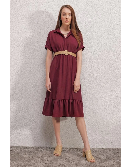 2292 Kemerli Elbise  Bordo
