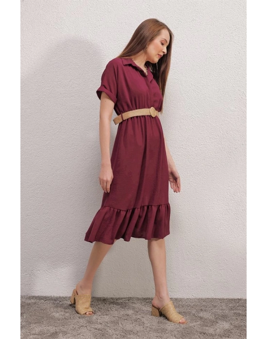 2292 Kemerli Elbise  Bordo