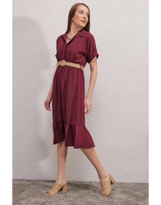2292 Kemerli Elbise  Bordo