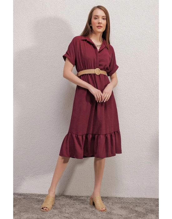 2292 Kemerli Elbise  Bordo