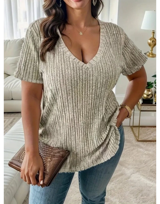 22Kadın Kısa Kollu V Yaka Fitilli Kaşkorse Bluz