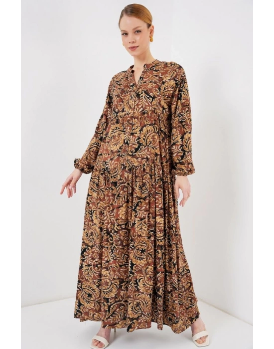 23 Otantik Desenli Tesettür Elbise  Camel
