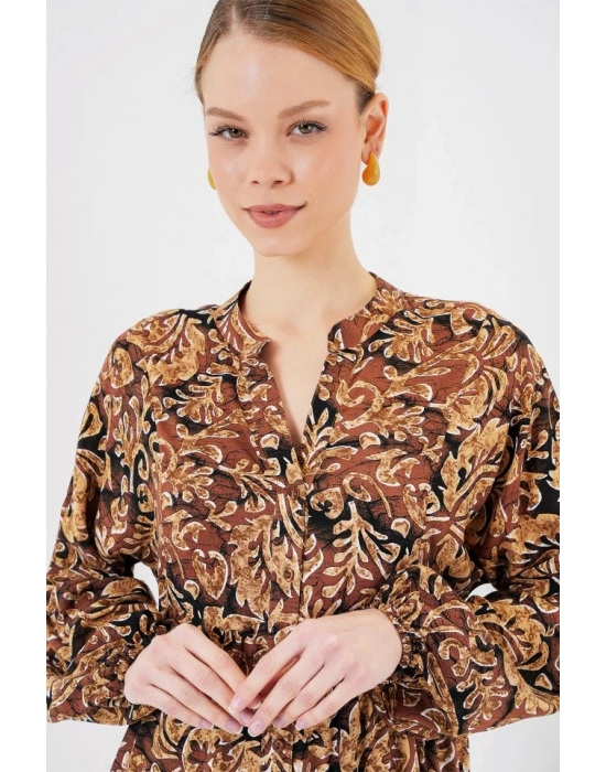 23 Otantik Desenli Tesettür Elbise  Camel