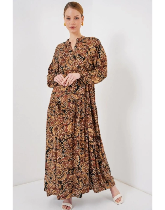 23 Otantik Desenli Tesettür Elbise  Camel