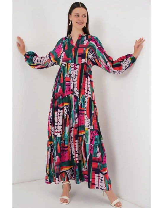 23 Otantik Desenli Tesettür Elbise  ÇOK RENKLİ 2