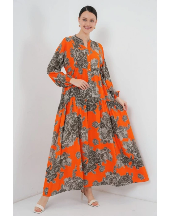 23 Otantik Desenli Tesettür Elbise  E. Turuncu