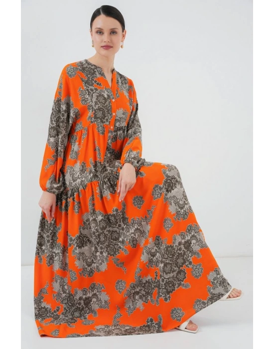 23 Otantik Desenli Tesettür Elbise  E. Turuncu