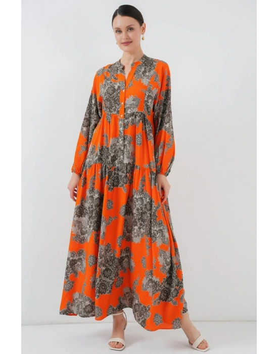 23 Otantik Desenli Tesettür Elbise  E. Turuncu