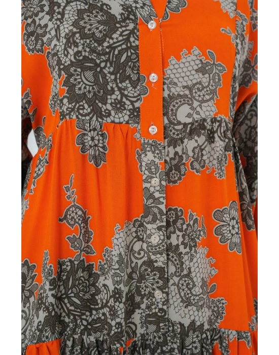 23 Otantik Desenli Tesettür Elbise  E. Turuncu