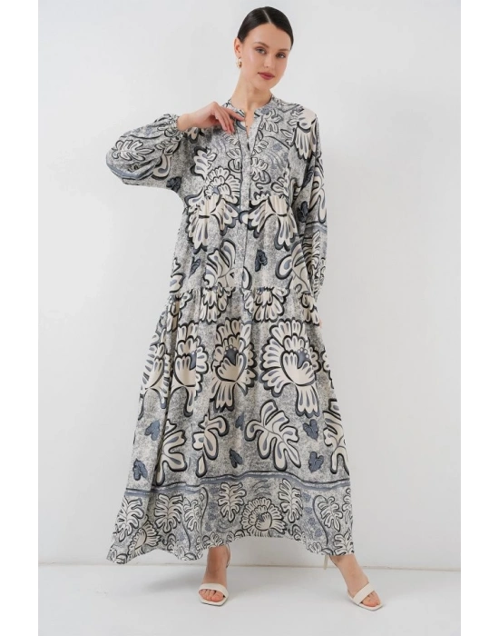 23 Otantik Desenli Tesettür Elbise  K. Antrasit