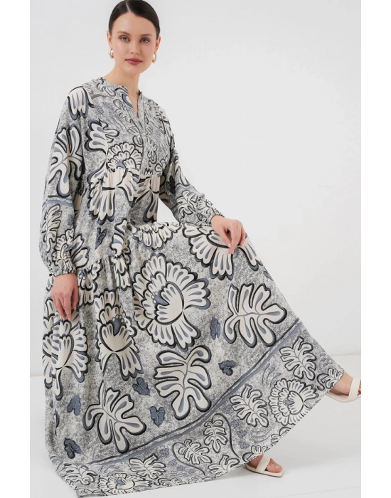 23 Otantik Desenli Tesettür Elbise  K. Antrasit