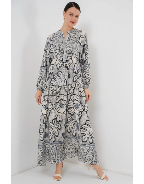 23 Otantik Desenli Tesettür Elbise  K. Antrasit