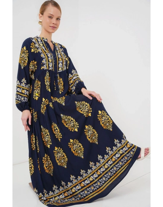 23 Otantik Desenli Tesettür Elbise  Lacivert 2