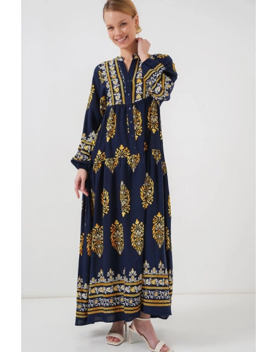 23 Otantik Desenli Tesettür Elbise  Lacivert 2