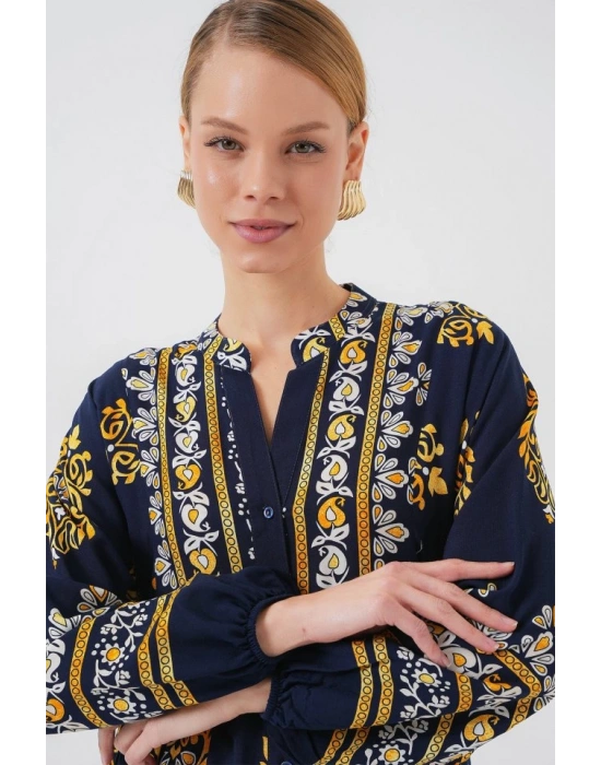 23 Otantik Desenli Tesettür Elbise  Lacivert 2