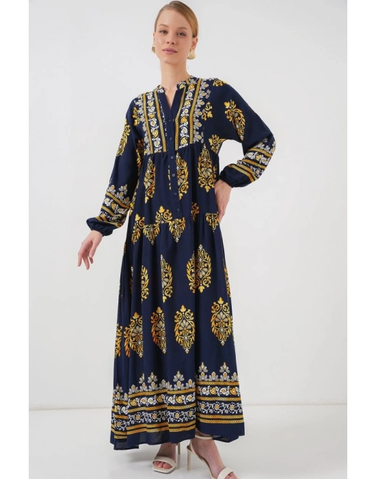 23 Otantik Desenli Tesettür Elbise  Lacivert 2