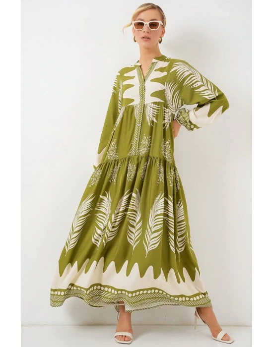 2423 Otantik Desenli Tesettür Elbise  Mint Yeşili