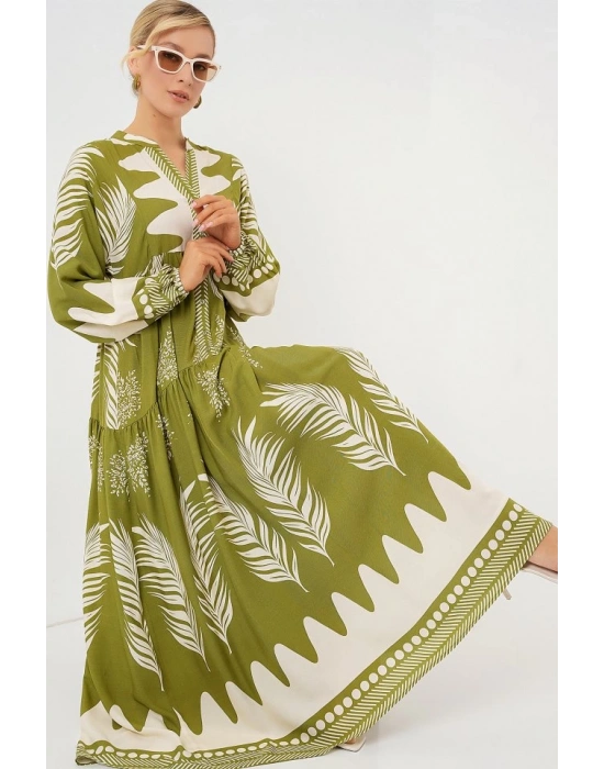 2423 Otantik Desenli Tesettür Elbise  Mint Yeşili