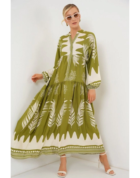 2423 Otantik Desenli Tesettür Elbise  Mint Yeşili