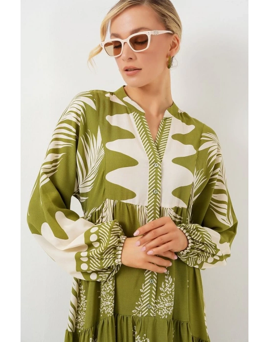 2423 Otantik Desenli Tesettür Elbise  Mint Yeşili