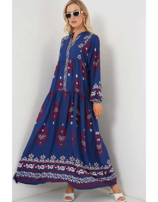 23 Otantik Desenli Tesettür Elbise  Petrol 1