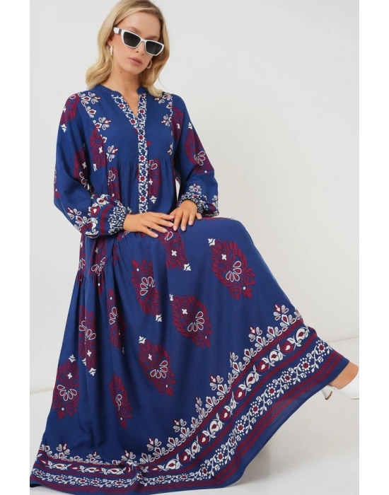 23 Otantik Desenli Tesettür Elbise  Petrol 1