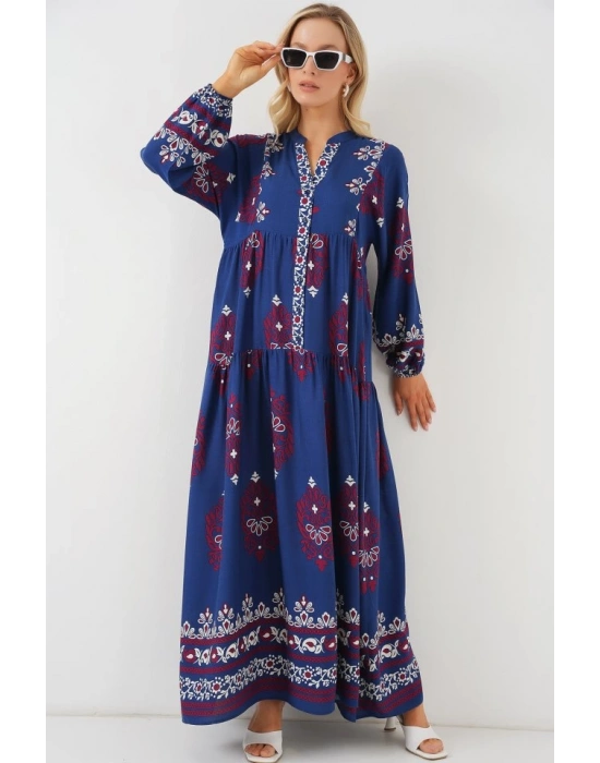 23 Otantik Desenli Tesettür Elbise  Petrol 1