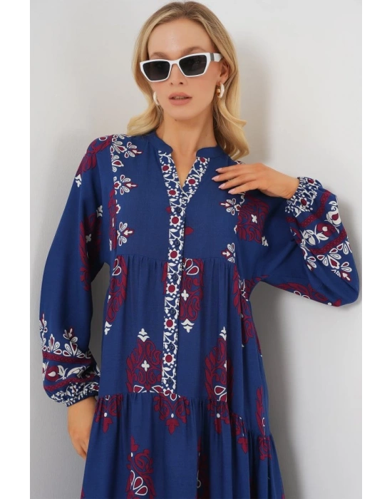 23 Otantik Desenli Tesettür Elbise  Petrol 1