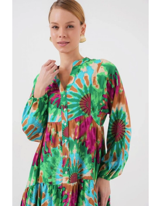 23 Otantik Desenli Tesettür Elbise  Yeşil 9