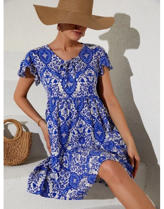 2352 V Yaka Kısa Elbise  Mavi