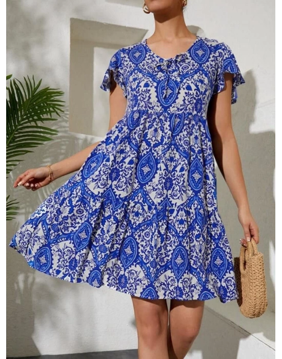 2352 V Yaka Kısa Elbise  Mavi