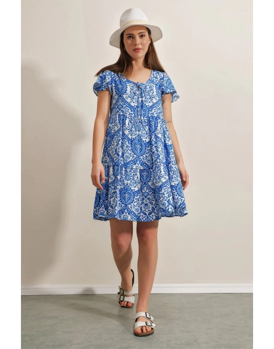 2352 V Yaka Kısa Elbise  Mavi