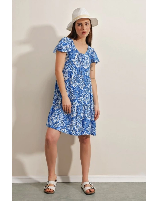 2352 V Yaka Kısa Elbise  Mavi